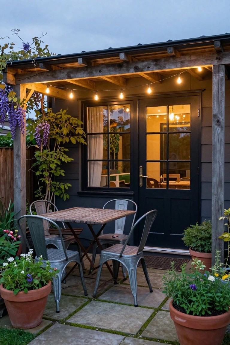 Rustic wooden garden shed with black-framed double doors and windows under a covered porch strung with warm lights, featuring a wooden bistro table with four metal chairs on a stone patio amid potted plants and climbers.