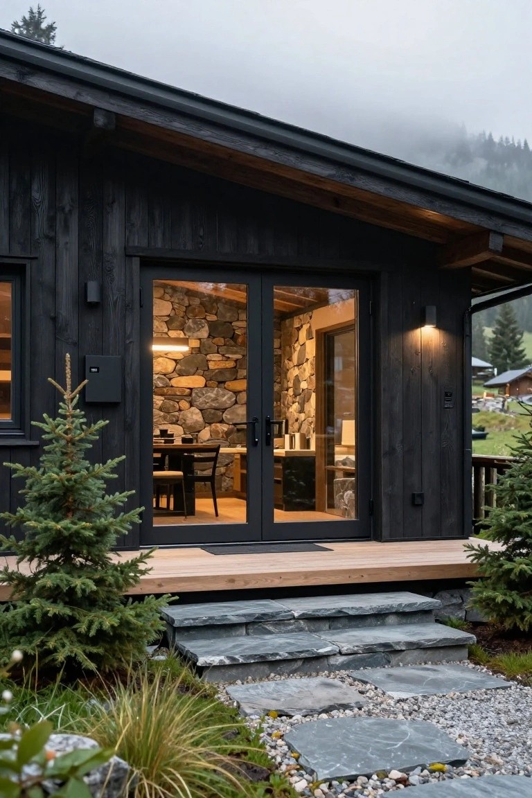 Black wooden cabin exterior with large black-framed glass doors revealing a stone interior wall and dining table inside, flanked by small fir trees, slate steps, and gravel path in misty alpine landscape.