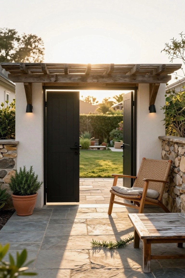 Open black double doors in a white stucco gateway under a wooden pergola, leading to a green backyard with hedges and lawn, flanked by stone walls, potted plants, wall lights, a wicker chair, and wooden side table on a stone patio.