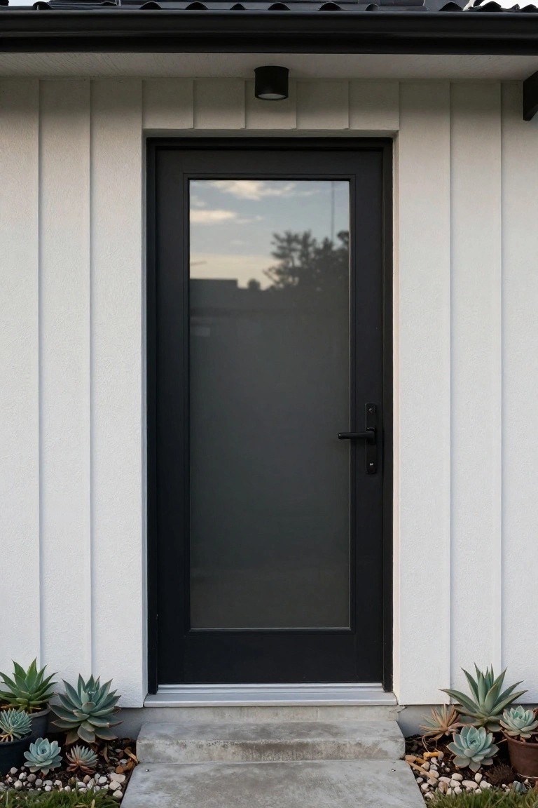 Black framed front door with frosted glass panel on white vertical siding house exterior, black door handle, concrete entry steps, and potted succulents nearby.