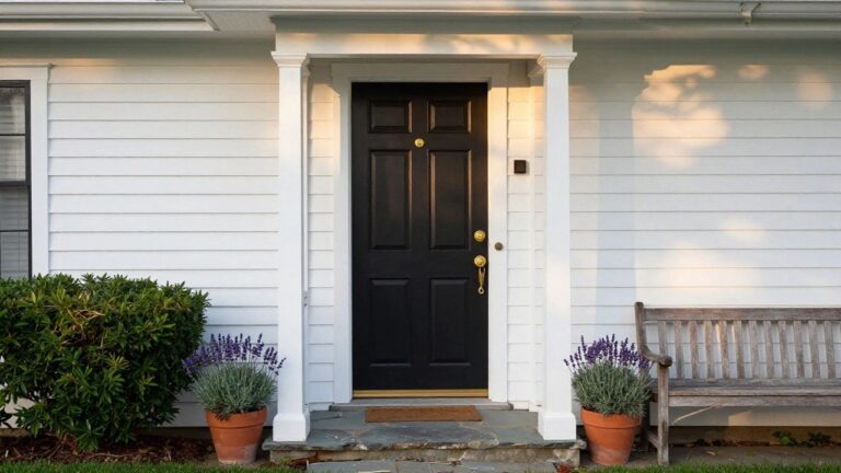 White clapboard house exterior featuring a black paneled front door with brass knocker and knob, flanked by terracotta pots of lavender on a porch with steps, railing, and wooden bench.