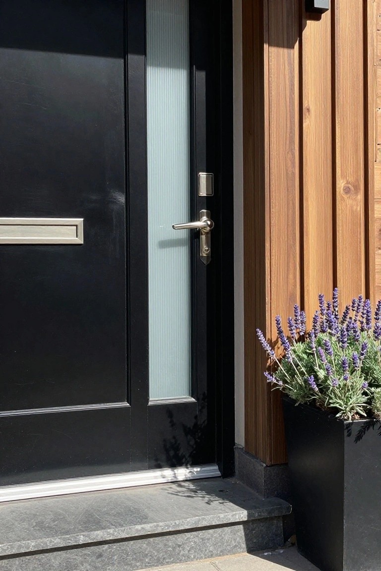 Black front door with vertical frosted glass sidelight panel, chrome handle and mailbox slot, set in dark frame next to vertical wood cladding, black pot of purple lavender plants, and gray stone entry steps.