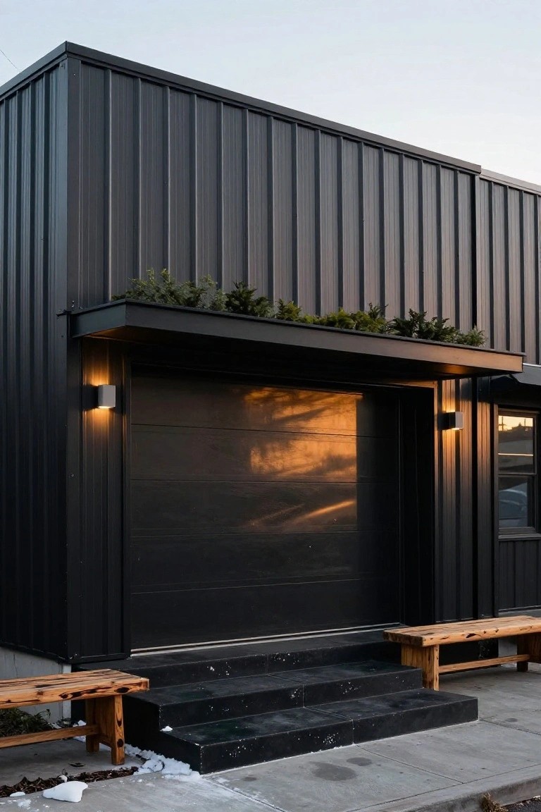 Black corrugated metal house exterior with large dark garage door, wall-mounted lights, black steps, wooden benches on either side, greenery atop the overhang, and light snow on the ground at dusk.