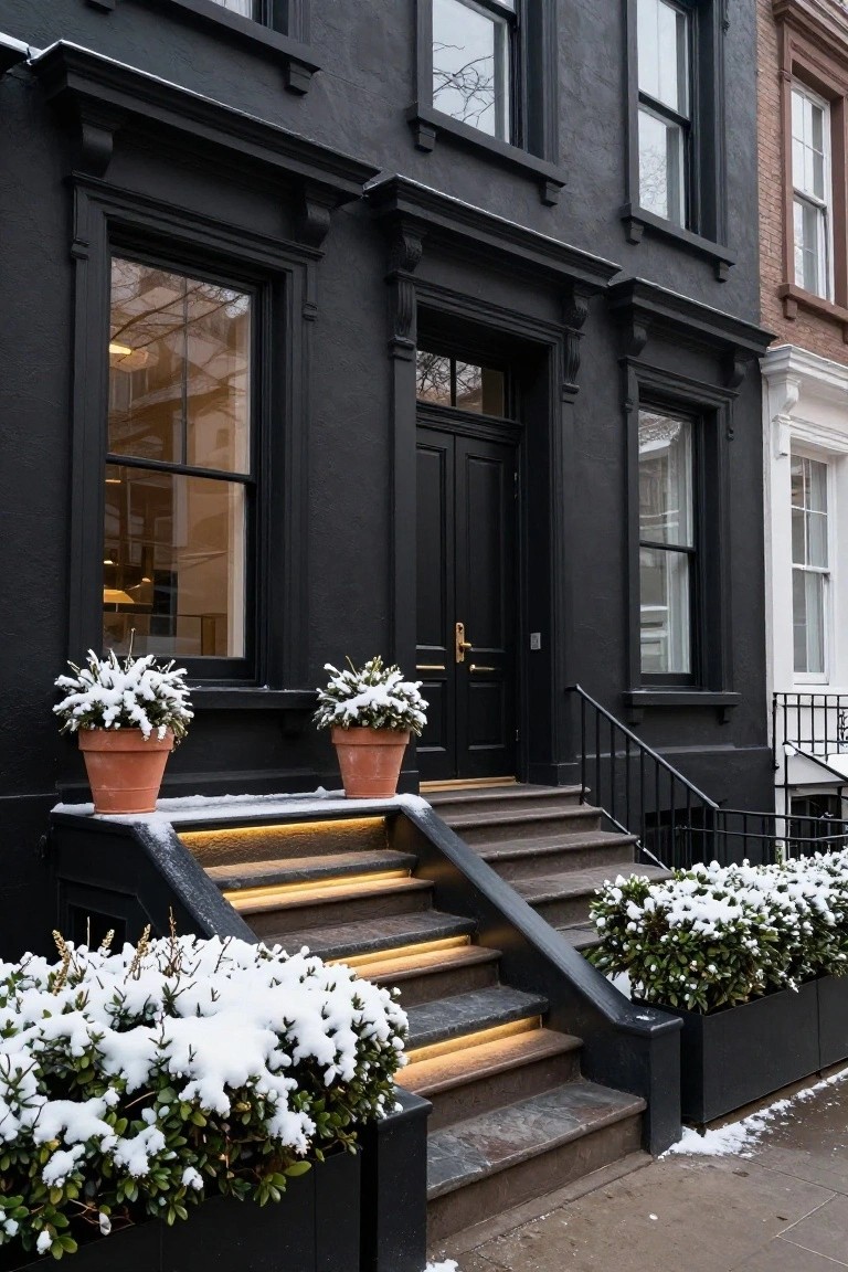 Black townhouse facade with double front doors, large windows, snow-covered terracotta pots on sills, gold door hardware, brownstone steps with underlighting, black railing, and snowy boxwood planters beside the steps.