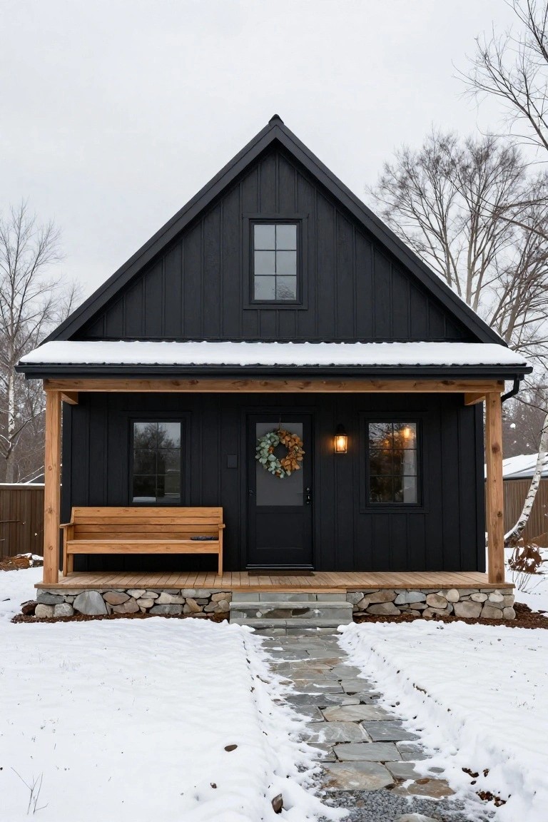 Black vertical board-and-batten sided gable house with covered front porch, wood bench, lantern light, wreath on door, stone foundation, and flagstone path leading through snow-covered yard.
