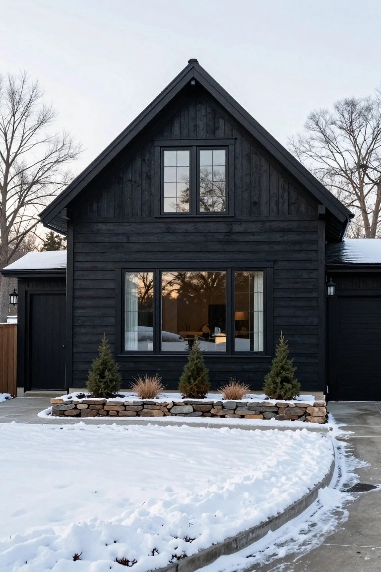 Front exterior of a two-story black wood-sided gabled house in snow, featuring large multipane windows, a double garage, small evergreen shrubs and grasses in a stone-bordered bed, and bare trees nearby.