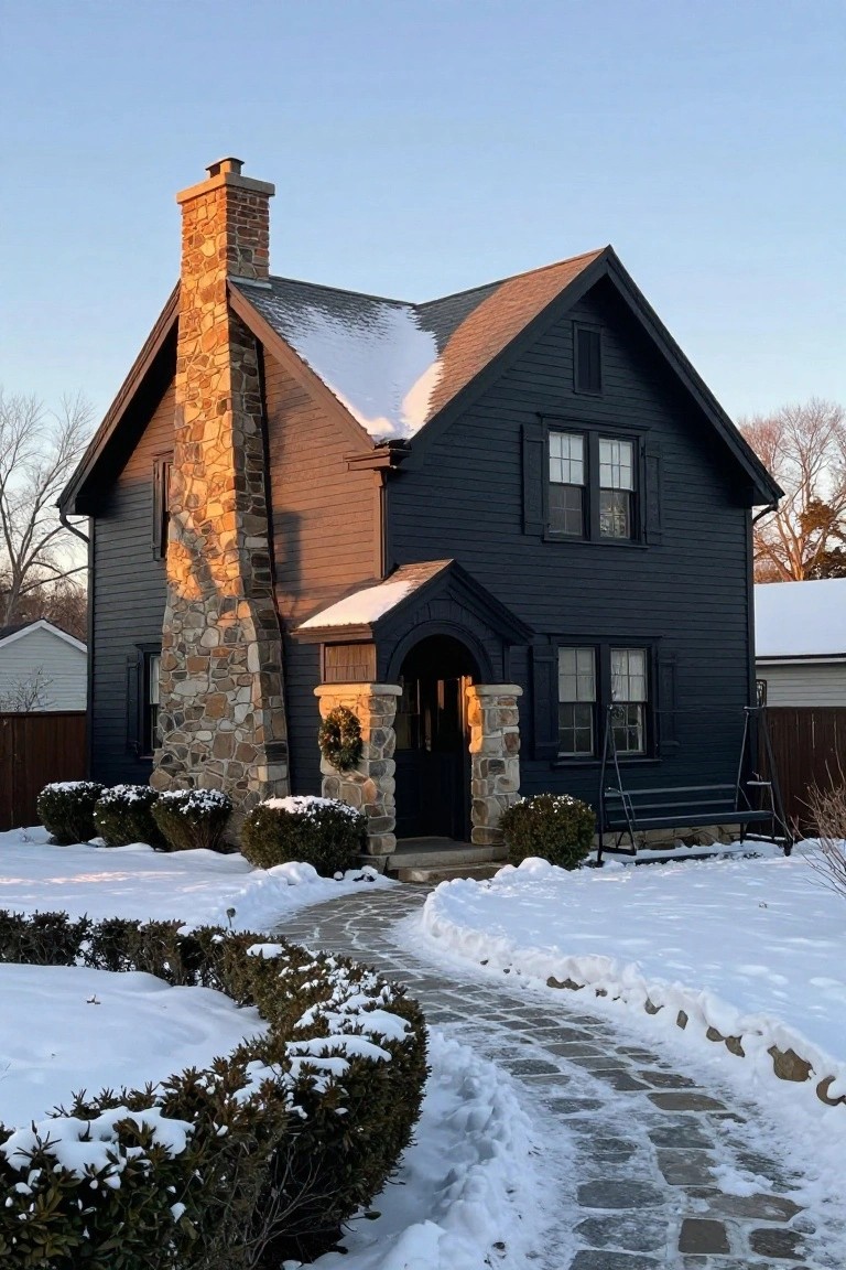 Two-story black shingled house with tall stone chimney on one side, arched front entry flanked by stone pillars and a wreath, snow-covered roof and yard, brick path, and boxed shrubs in winter sunlight.