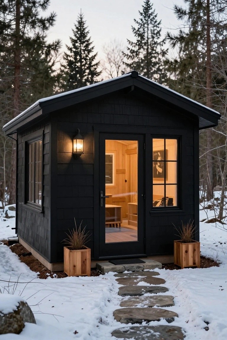 Small black shingled cabin with wooden door and glass panels in snowy forest setting, lantern lit beside open entry showing interior wood benches and warm lighting.