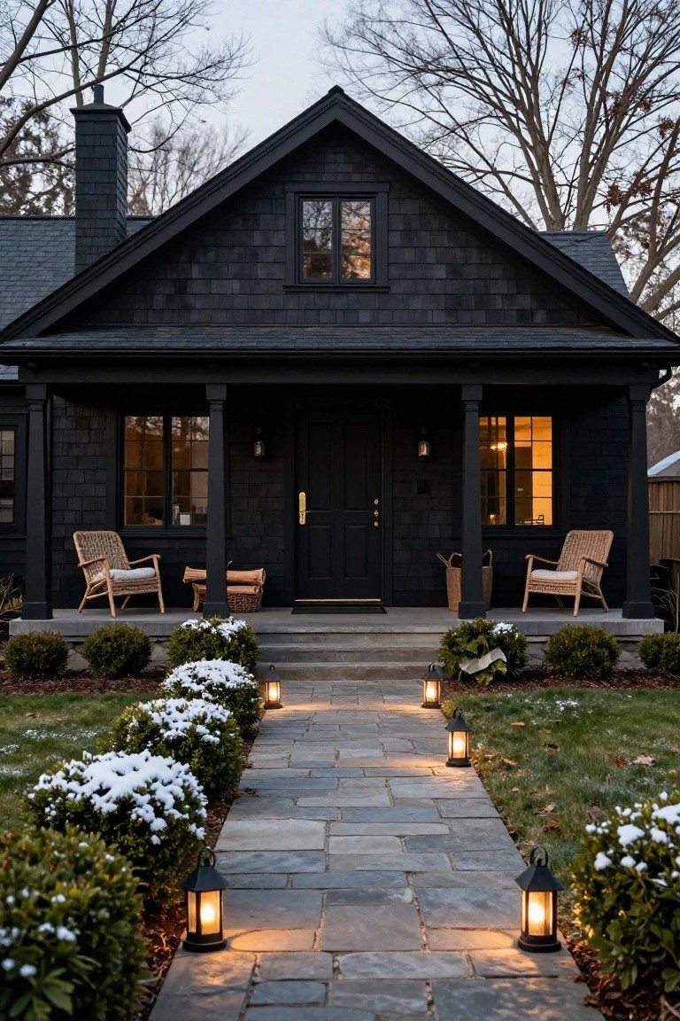 Black shingled house exterior with gabled roof, front porch supported by columns, black front door flanked by windows, two wicker chairs and firewood stack on porch, stone pathway lined with lanterns and snow-dusted boxwood shrubs leading to steps, snowy yard and bare trees in background.