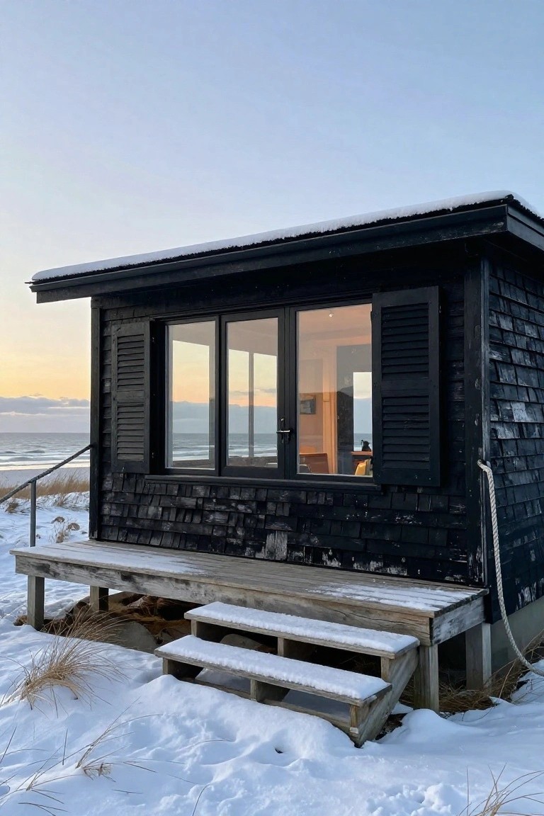 Black shingled cabin with large sliding glass windows, open shutters, and wooden deck steps on a snowy beach facing the ocean at dusk.
