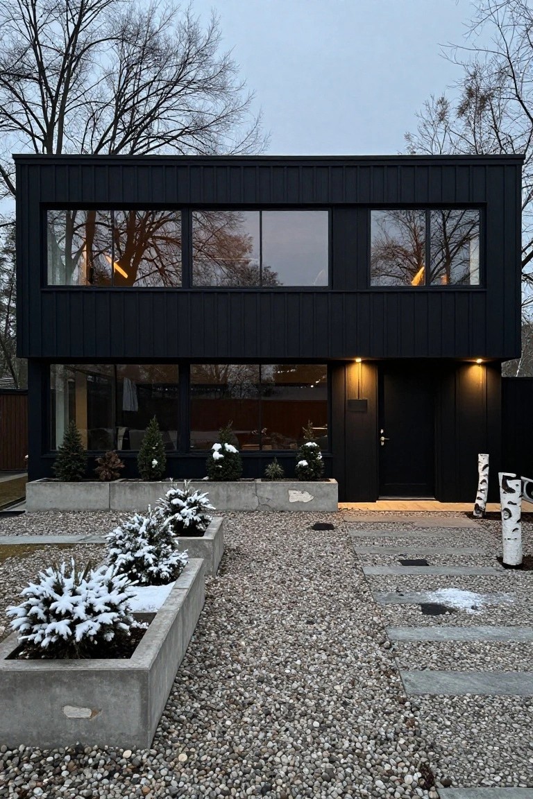 Modern two-story rectangular house with black vertical siding, large reflective glass windows on front facade, black front door with wall lights, concrete planters holding snow-dusted shrubs, gravel path, stone slabs, and white birch sculptures in snowy yard under bare trees.