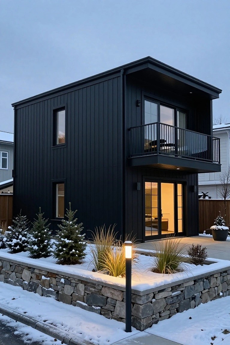 Two-story rectangular house with black vertical board-and-batten siding, cantilevered upper balcony with railing, glass entry doors, stone retaining wall with small evergreens and grasses dusted in snow.