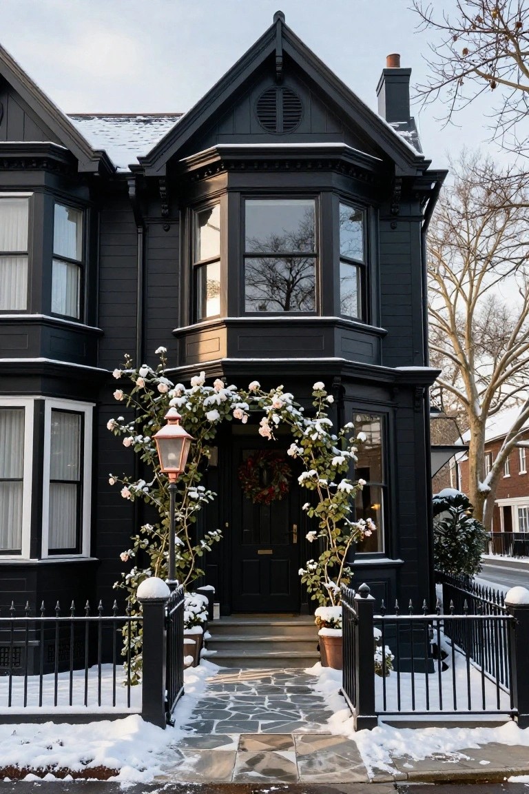 Black Victorian-style semi-detached house exterior in snow, with bay windows, arched entry door flanked by climbing roses on pillars, copper lantern, black iron fence, and stone steps.