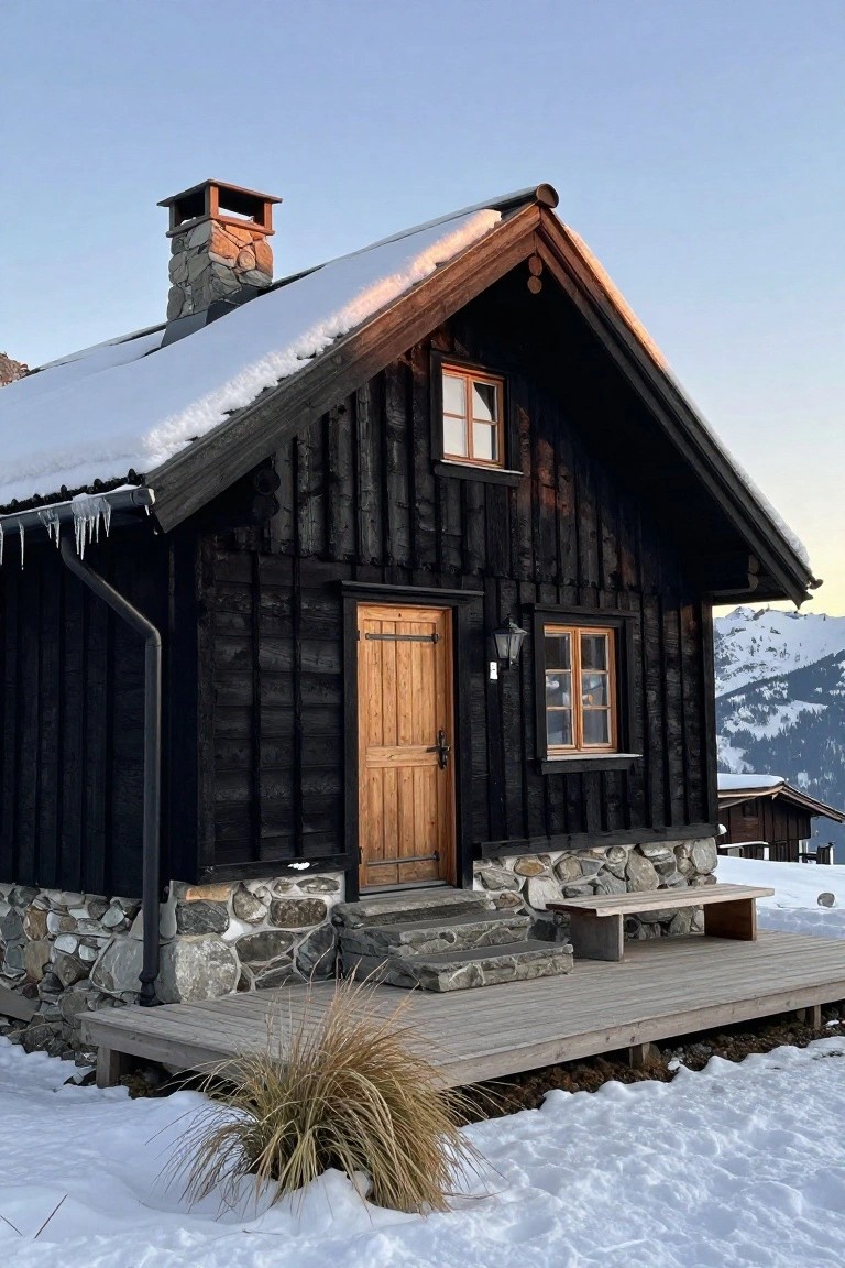 Black wooden chalet house with snow-covered gabled roof, stone foundation, wooden front door, icicles on eaves, wooden bench on deck, and snowy mountain landscape in background.