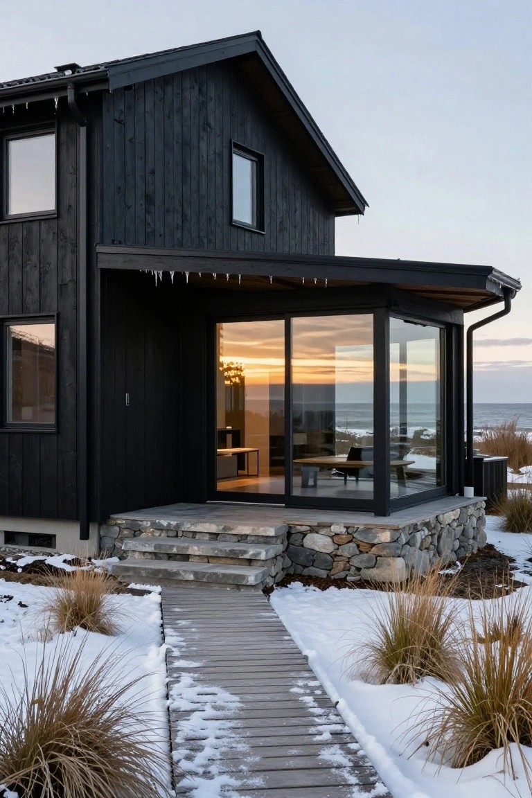 Black timber-clad house exterior with glass entry doors, stone steps, wooden pathway through snow, grasses, and ocean view at sunset.