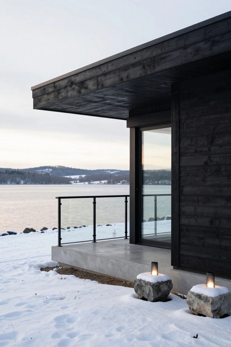Black wooden house exterior with cantilevered balcony and glass door overlooking snowy lake, stone lanterns lit on snowy ground nearby.