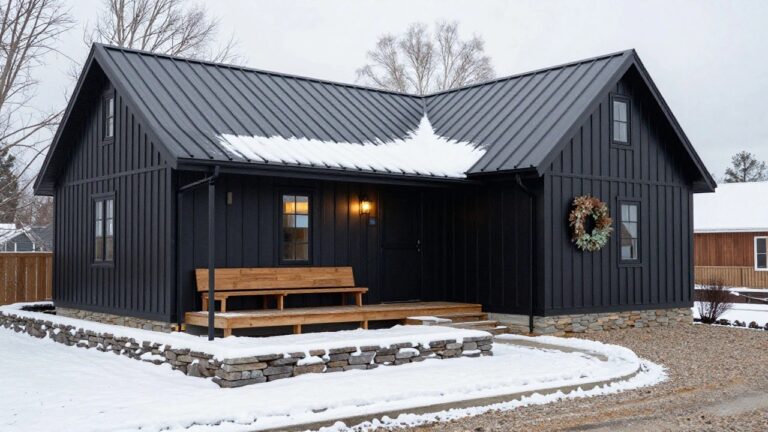 Black vertical board-and-batten sided gable house with covered front porch, wood bench, lantern light, wreath on door, stone foundation, and flagstone path leading through snow-covered yard.