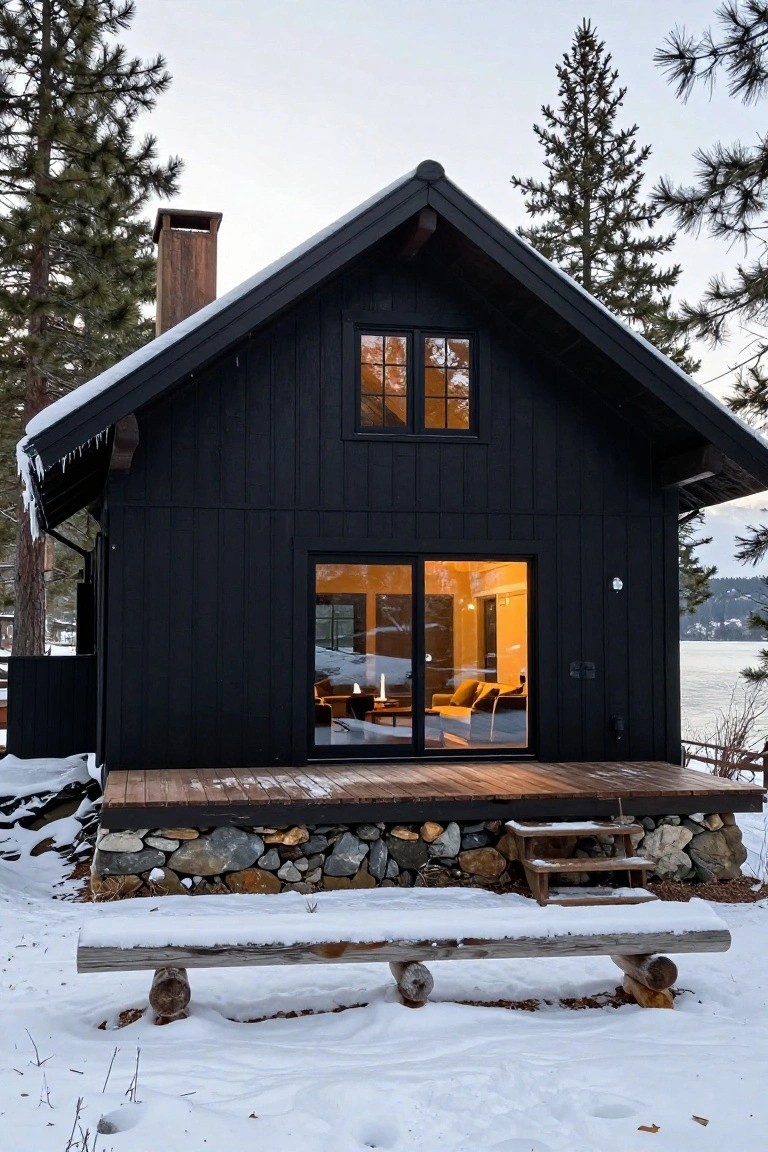 Black gabled wooden cabin with large sliding glass doors and upper windows glowing warm yellow from inside, on a wooden deck with stone foundation and log bench in snowy landscape near pine trees and a lake.