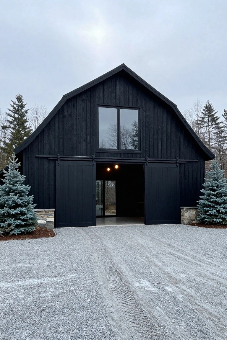 Black wooden barn-style house with gambrel roof, large open sliding doors, glass windows, stone bases, flanked by blue spruce trees, on gravel driveway with light snow, evergreen trees in background under cloudy sky.