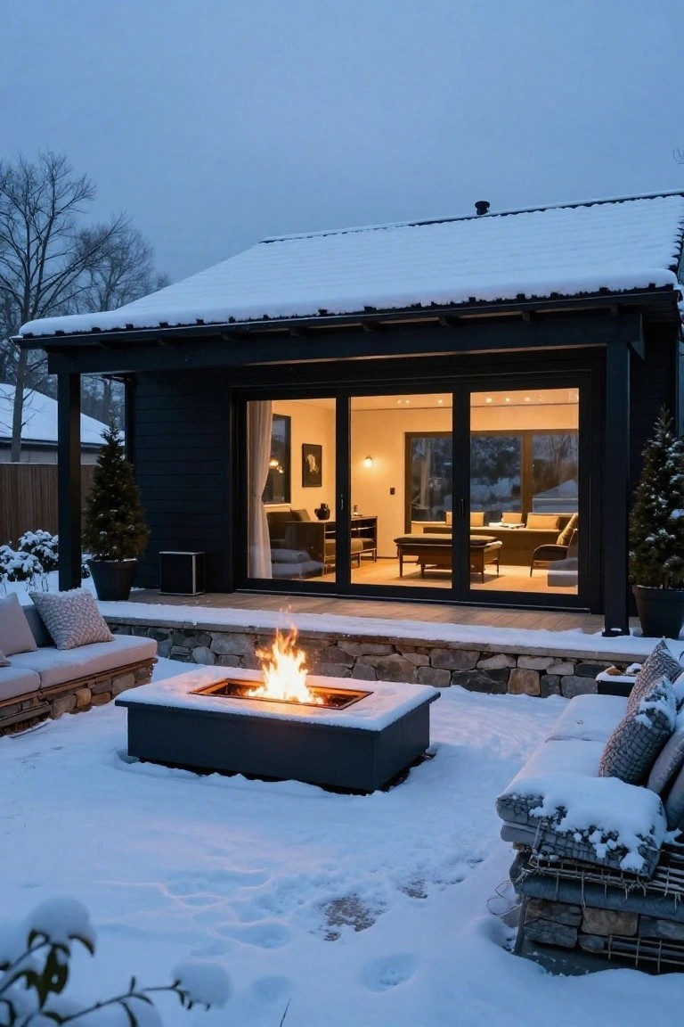 Black-shingled house exterior with large sliding glass doors at dusk, opening to a snowy patio with a rectangular gas fire pit containing flames, stone retaining wall, lounge seating covered in snow, potted evergreens, and light snow on the ground.