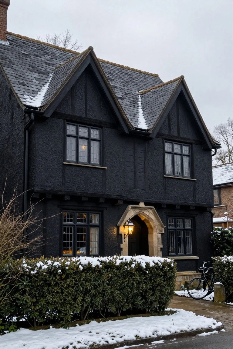 Two-story black half-timbered house exterior with snow-covered slate roof and gables, leaded windows, arched stone entry with lit lantern, snowy boxwood hedges, and a bicycle parked on the path beside a snowy street.