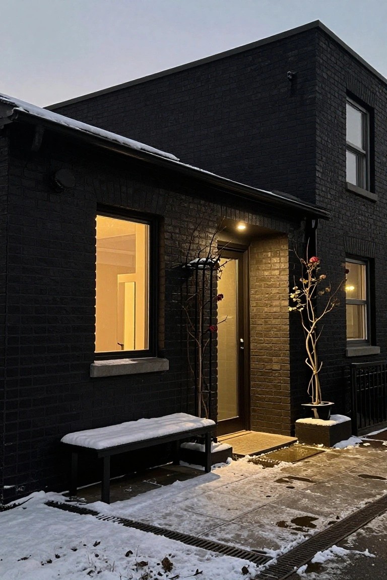 Black brick house corner exterior with snow on ground and bench, lit glass entry door flanked by bare branch planters, yellow-lit windows, and dusk sky.