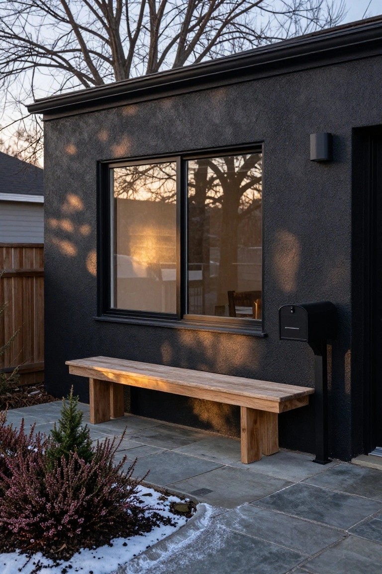 Black stucco house exterior wall with large sliding window, attached wooden bench, black mailbox on post, small evergreen tree and purple heather shrubs on slate stone patio with snow patches.