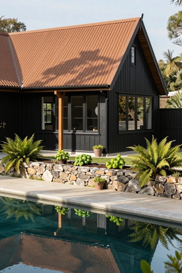 Black board-and-batten gabled house with brown corrugated metal roof, wooden porch post, large black-framed windows, stone retaining wall planted with ferns and green plants, and turquoise pool reflecting the scene.