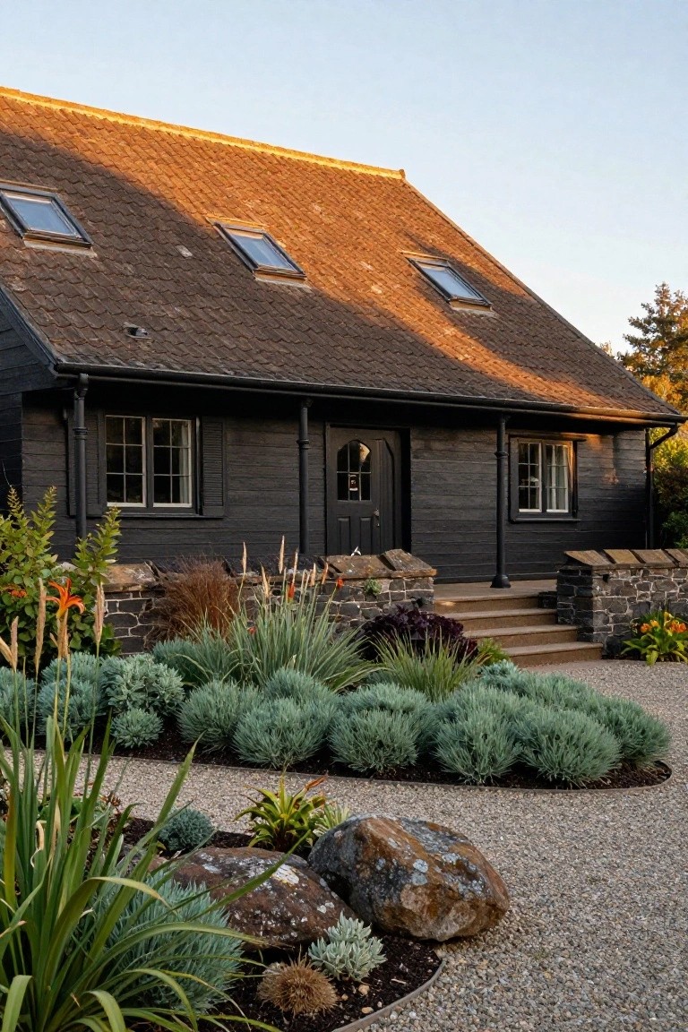 Black wooden house exterior with brown tiled roof, two dormer skylights, black front door and windows, flanked by stone walls and steps leading to gravel driveway edged with blue-green shrubs, grasses, rocks, and plants.