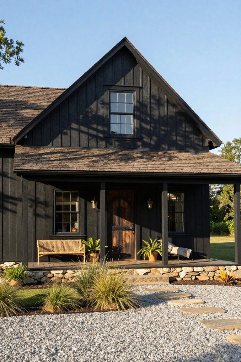 Black board-and-batten house with brown shingle gable roof and covered front porch, wooden door, wicker bench with cushions, potted plants, stone retaining wall, gravel ground cover, and stepping stones leading to the entrance.