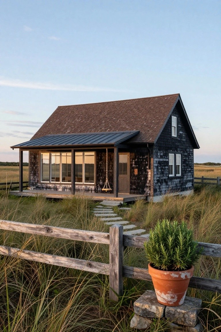 Black shingled house with brown shingle roof, metal porch awning, large glass windows, wooden door, hanging swing, elevated on posts amid tall grass, wooden split-rail fence, stone path, and potted rosemary plant on a stone base.