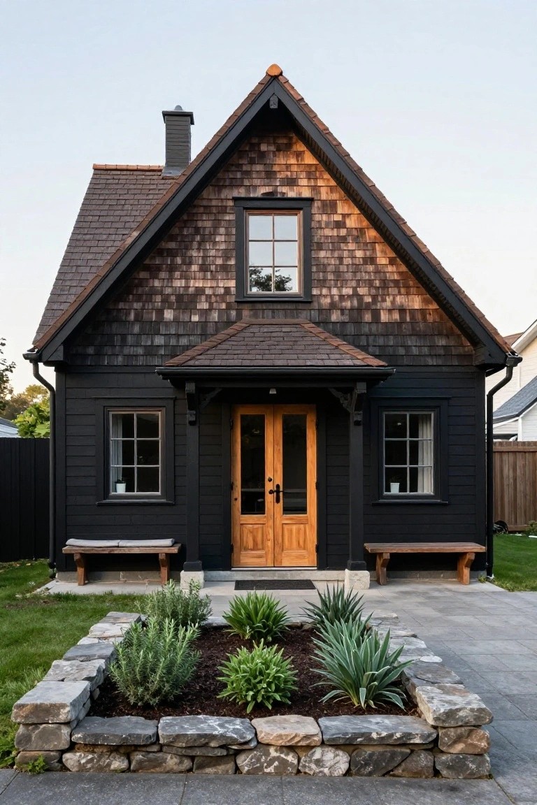 Black clapboard house with brown shingled gable roof, wooden double front doors under a covered porch, black benches flanking the entry, and a stone-edged planting bed with succulents on a paved front patio.