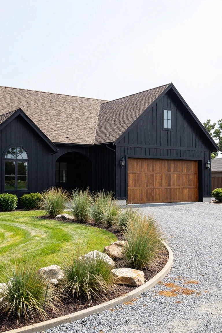 Black board-and-batten sided house with brown shingle roof, open wood garage door, arched entryway, and curved gravel driveway edged with ornamental grasses and rocks.