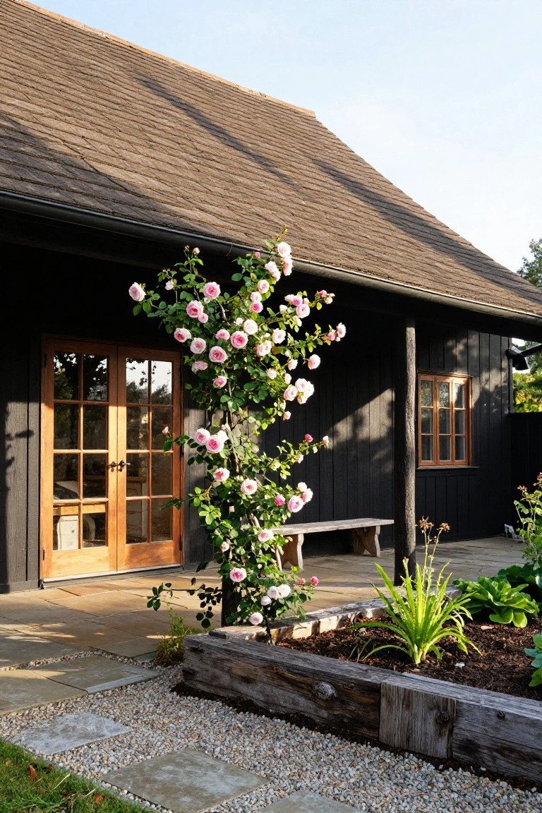Black wood-sided building with brown shingle roof and wooden French doors, pink climbing roses growing up a tall stem beside the entrance, wooden bench, raised garden bed with plants, and stone pavers leading to gravel path.