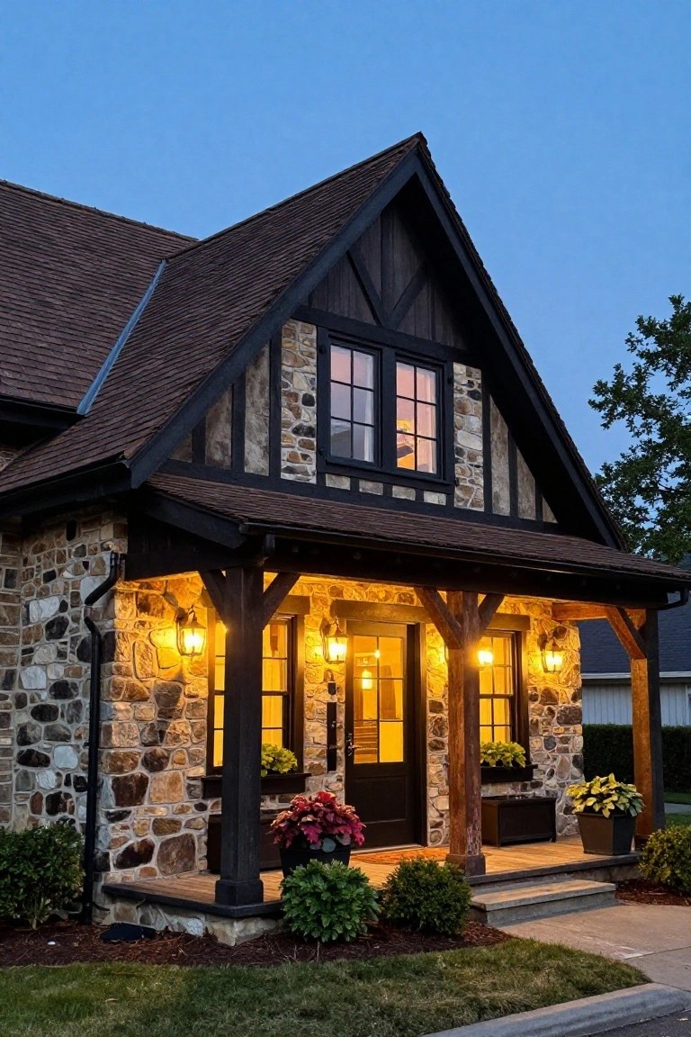 Front view of a stone house with black timber framing on the gable and porch, brown shingled roof, hanging lanterns, potted plants, boxwoods, and concrete steps at dusk.