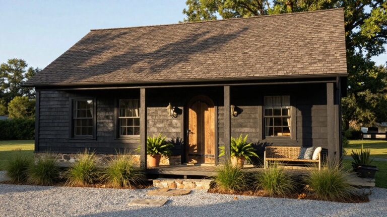 22 Black House Exterior With Brown Roof For Rustic Style Black board-and-batten house with brown shingle gable roof and covered front porch, wooden door, wicker bench with cushions, potted plants, stone retaining wall, gravel ground cover, and stepping stones leading to the entrance.