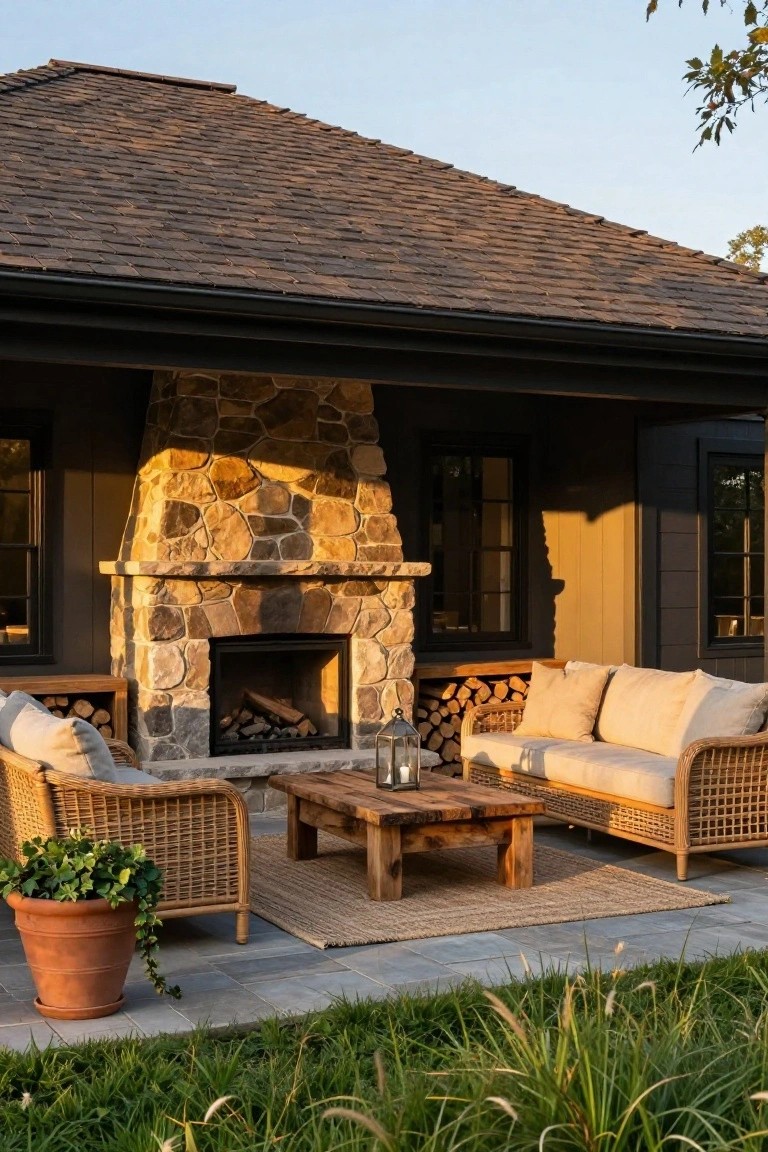 Patio area next to black house siding with stone outdoor fireplace, firewood stack, two beige woven armchairs, wood coffee table, lanterns, potted plant, seagrass rug, and grass lawn.