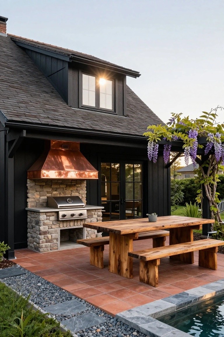 Black wood-sided house wall with built-in stone BBQ grill under copper hood on terracotta tile patio, wooden dining table and benches nearby, wisteria vine overhead, gravel border, and pool edge.