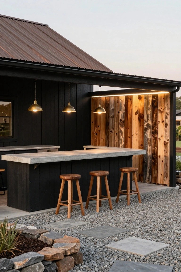 Outdoor covered bar with concrete countertop on black wood base, four round wood stools, brass pendant lights, wood plank wall, gravel ground with stone edging and plants.