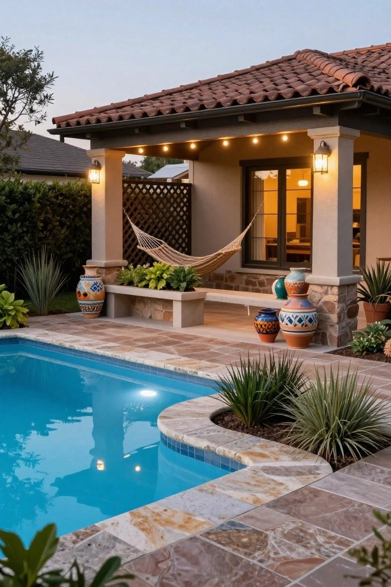 Light stucco house exterior with terracotta tile roof, covered porch holding a white hammock and stone bench flanked by colorful pottery, adjacent to a curved blue pool edged in travertine tile and agave plants.