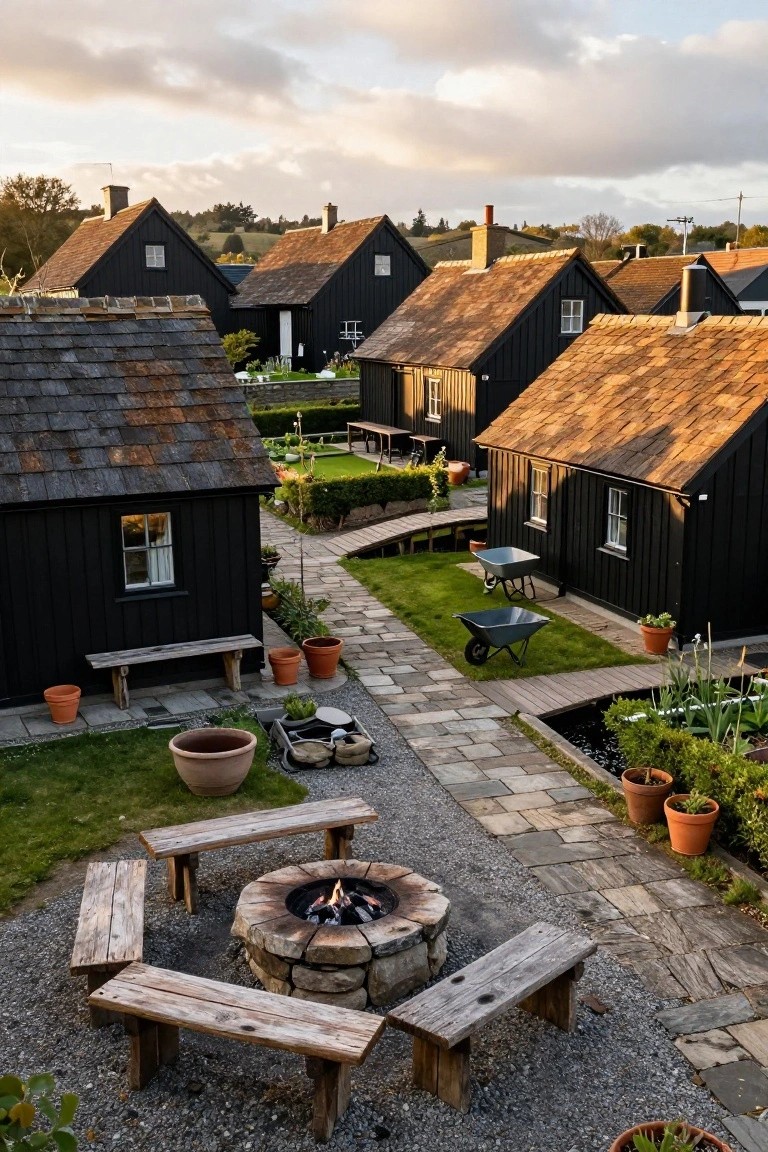 Cluster of black wooden cottages with brown shingled roofs arranged around a central stone fire pit, gravel area, garden paths, potted plants, and lawns under a partly cloudy sky.