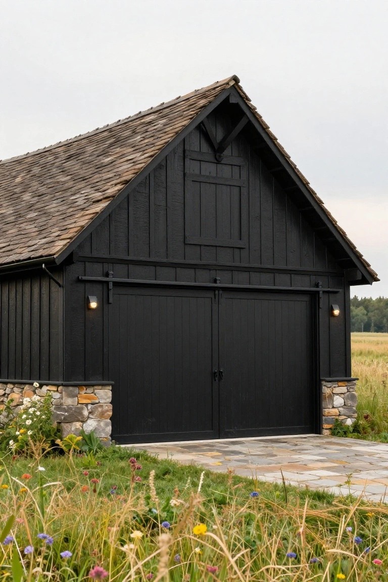A freestanding black board-and-batten garage building with gabled brown shingle roof, double black sliding doors, stone foundation piers, wall-mounted lights, stone paver walkway, and surrounding wildflowers against a field backdrop.