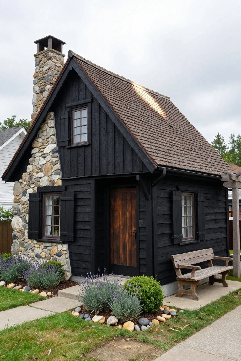 Small black clapboard house with tall stone chimney, brown shingled roof, wooden door and shutters, bench, lavender plants, and stone mulch in the front yard.
