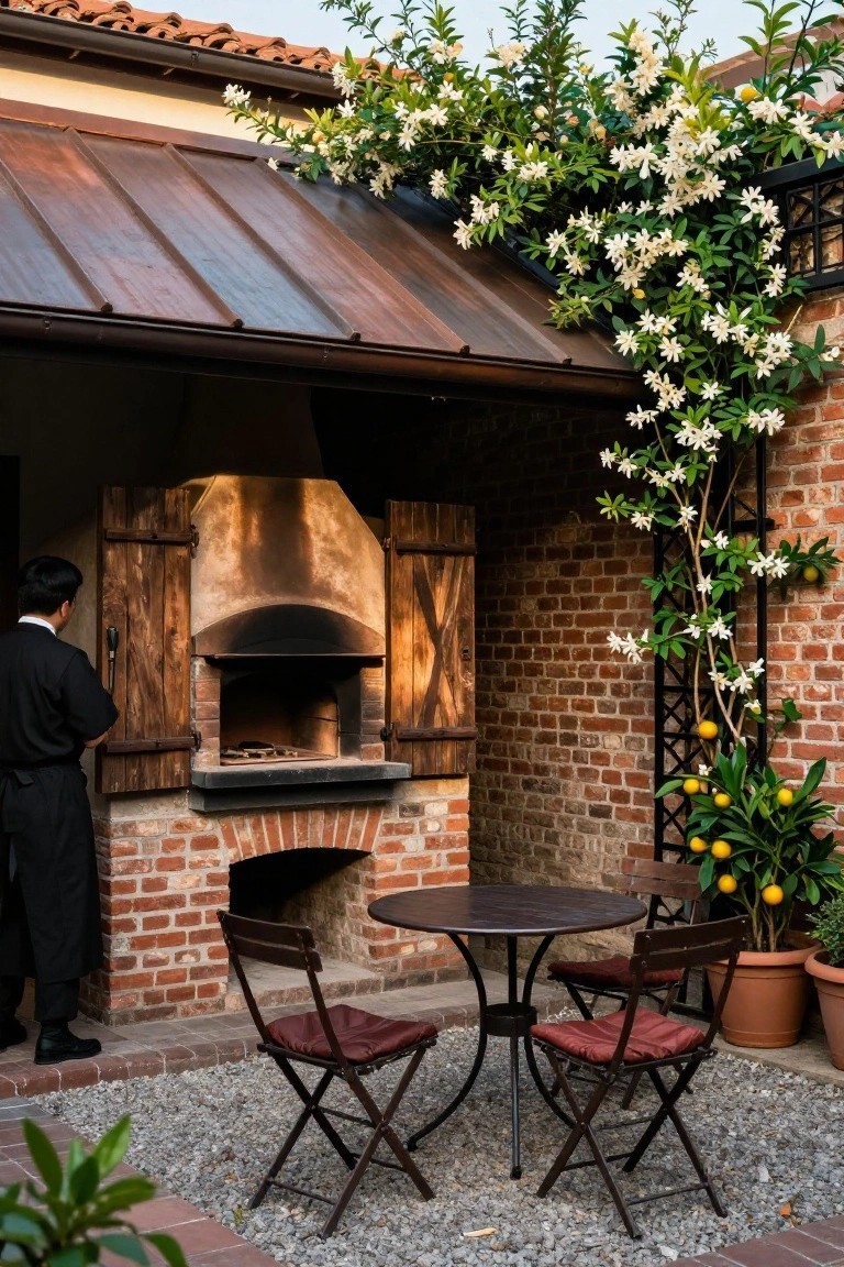 Brick wood-fired oven with wooden shutters on a gravel patio next to a round metal table and four chairs, with climbing white flowers on a trellis, lemon plants, and a brick wall under rusted metal roof.