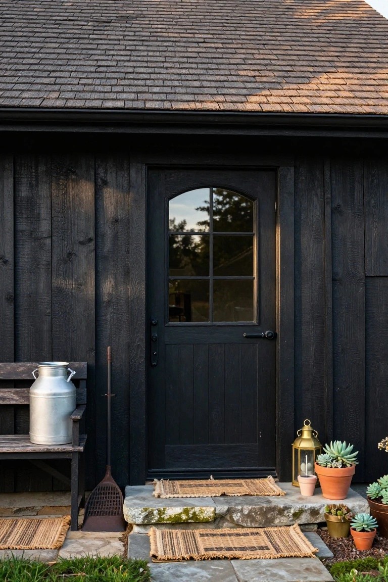 Black board-and-batten shed exterior with dark shingle roof, arched black door with window, weathered bench holding silver milk can, leaning broom, gold lanterns, potted succulents, and seagrass rugs on stone steps.