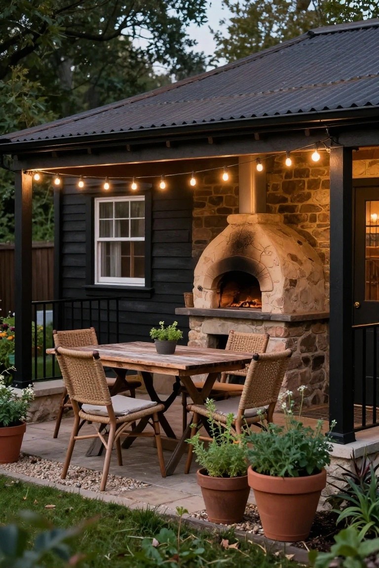 Black wooden outbuilding with arched stone pizza oven on a stone base next to a wooden dining table and rattan chairs under string lights on a paved patio surrounded by potted plants and gravel edging.