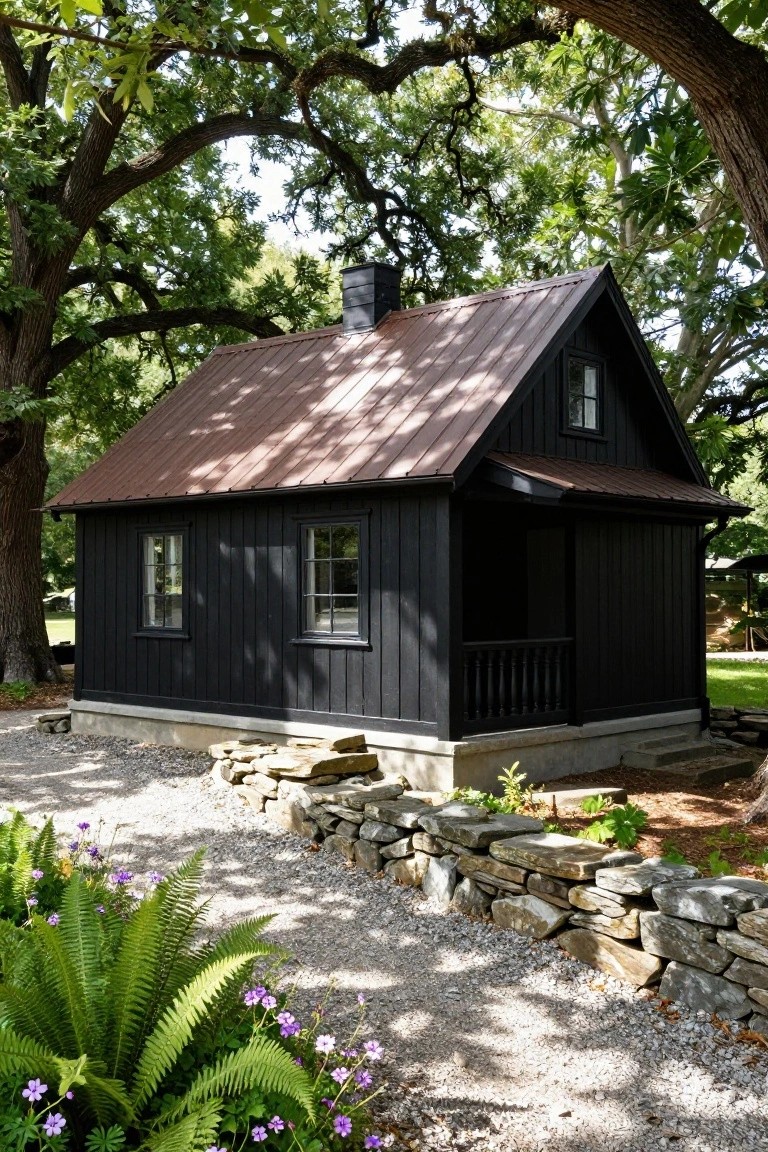Small black board-and-batten cabin with reddish-brown metal roof, covered porch, elevated foundation, stone retaining wall, gravel path, ferns, and flowers at base, large trees surrounding.