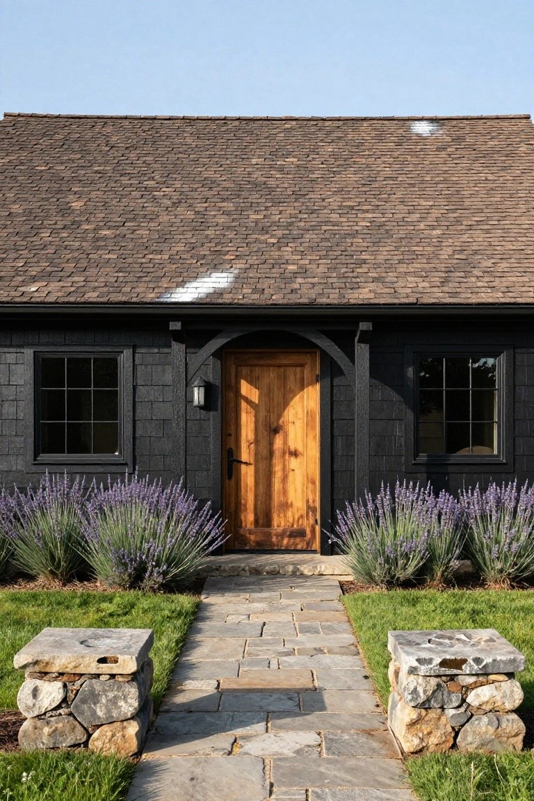 Black shingled house exterior with brown shake roof, timber-arched entryway featuring a wooden door, black-framed windows, lavender plants flanking a stone pathway, and stone pillar bases.