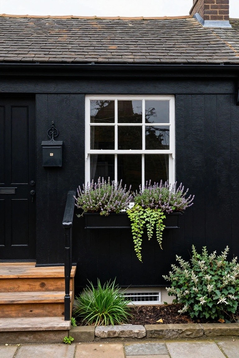 Black painted wooden house exterior with brown slate roof, white six-over-six sash window, black front door and mailbox, black window box overflowing with purple lavender and green trailing plants above wooden entry steps, grassy plants and shrubs at the base.
