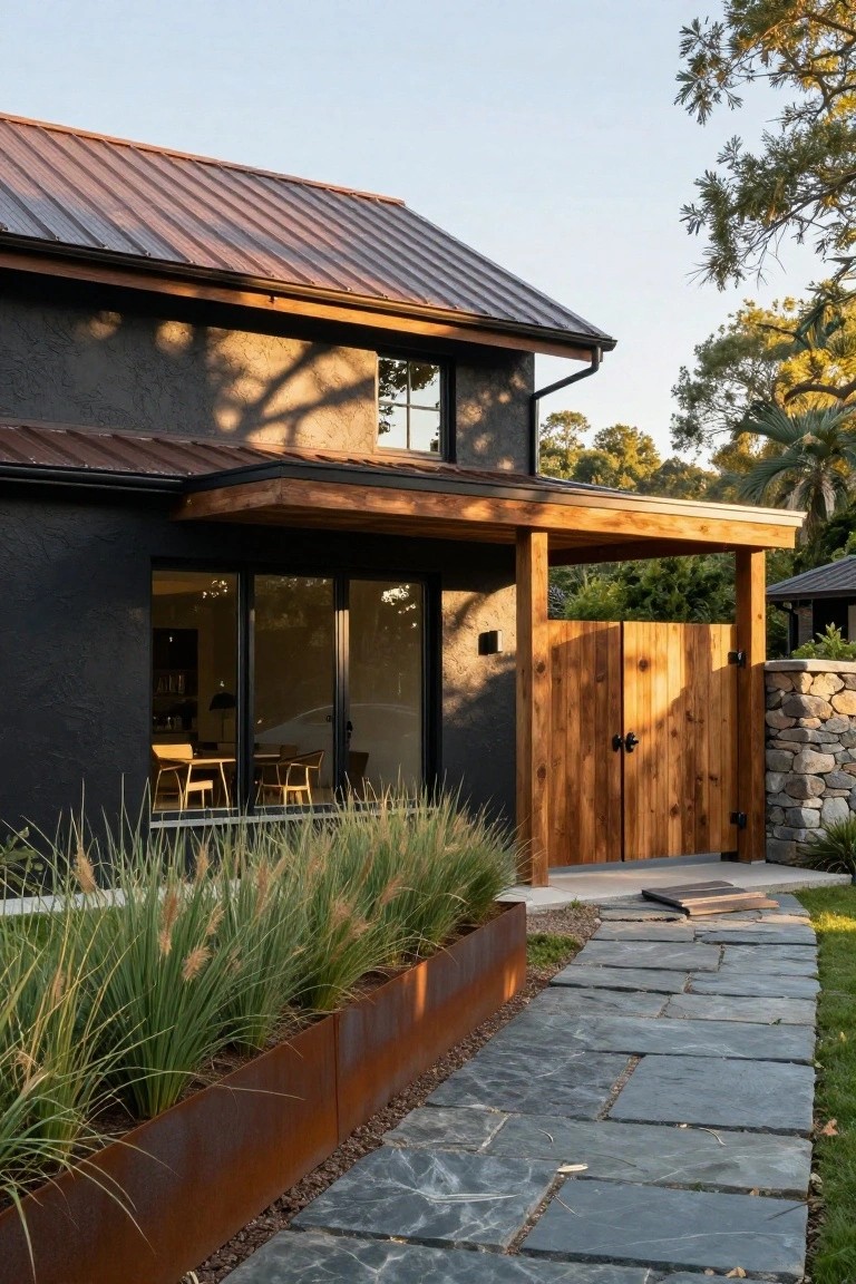 Side exterior of black stucco house with brown standing seam metal roof, wooden covered porch and double vertical slat gate, tall grasses in rusted steel planters beside bluestone pathway.